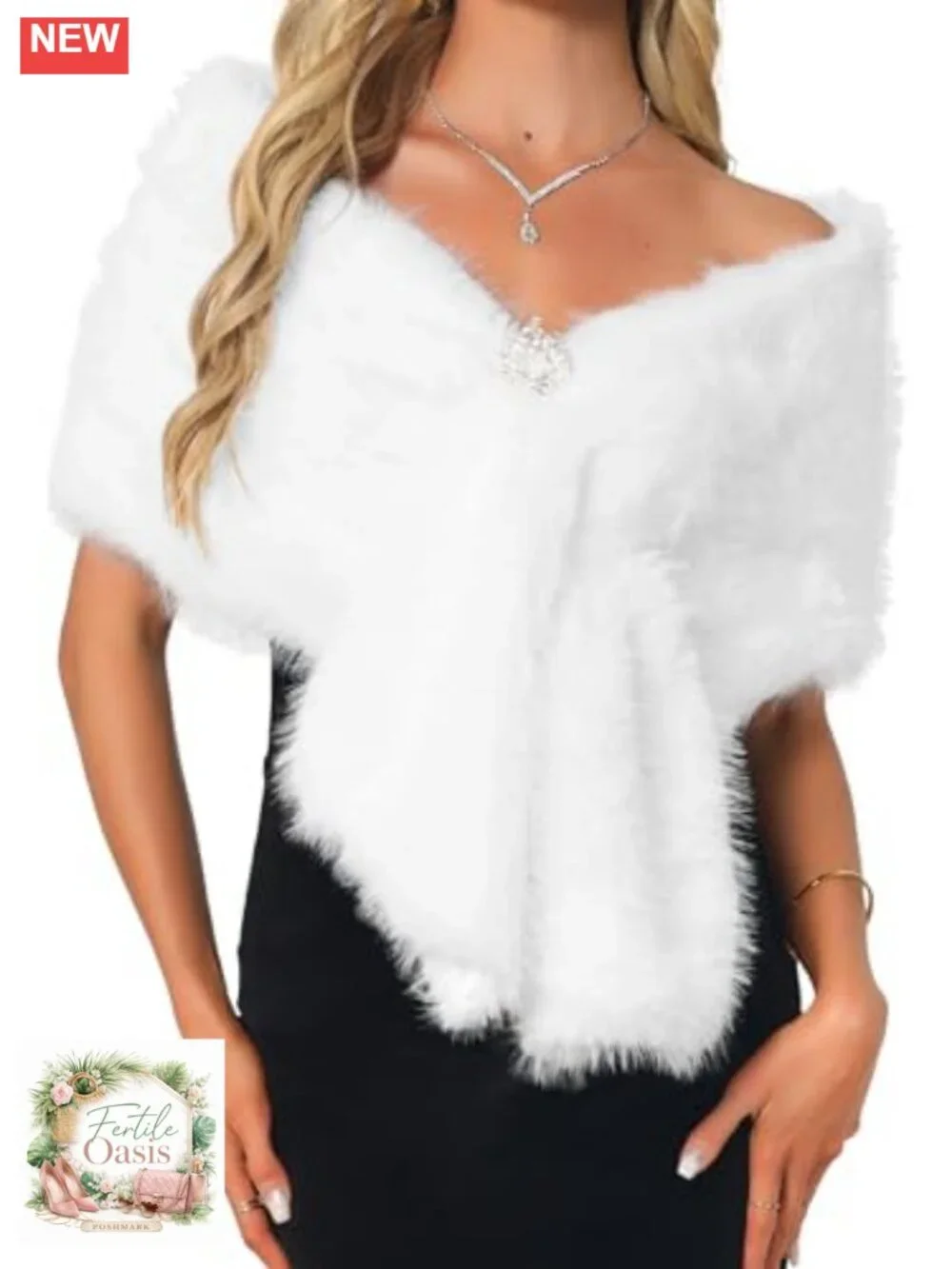 Faux Fur Shawl Wrap for Wedding Bridal Winter Cape Stole Rhinestone Brooch Clasp
